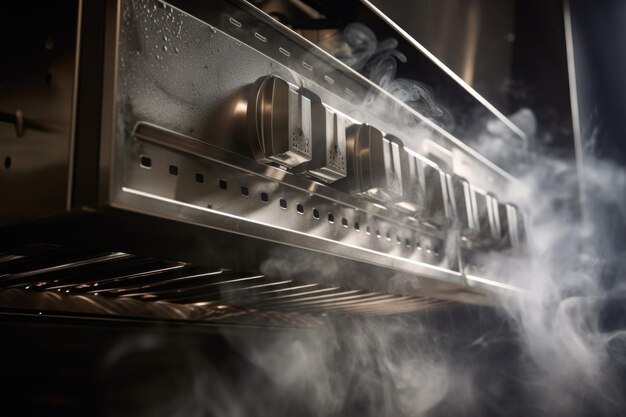 Foto primo piano dello sfiato del forno con fumo e vapore che fuoriesce creato con l'ia generativa
