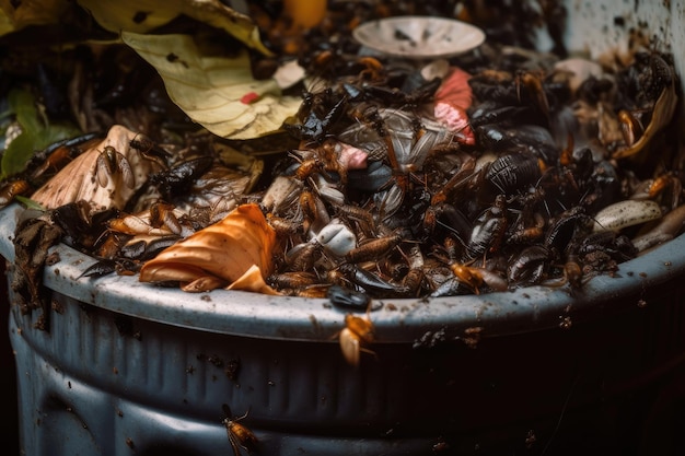 Closeup of overflowing garbage can with flies and in the trash