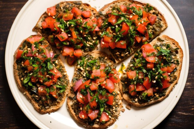 Closeup overhead view of zaatar bruschetta on a plate