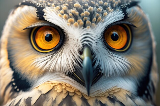Closeup of owls face with its piercing eyes and sharp beak in focus