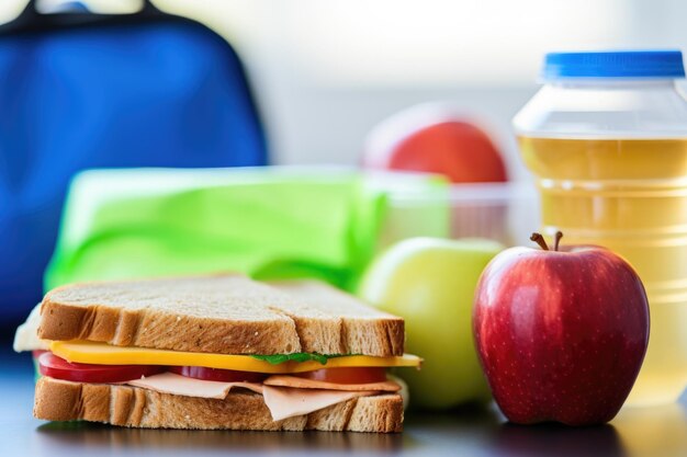 Closeup of packed school lunch with an apple sandwich and juice box