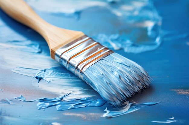 Closeup of a paintbrush with blue paint