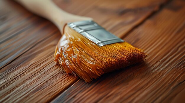 Photo closeup of a paintbrush with a wooden handle and a metal ferrule loaded with brown paint against a wooden background