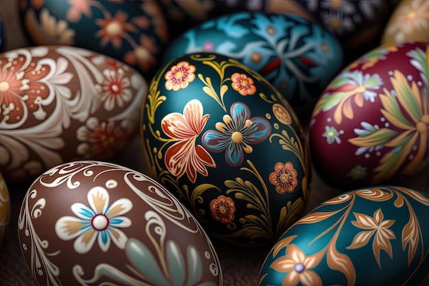 Closeup of painted eggs with floral patterns easter eggs for easter celebration Generative AI Spring concept Easter eggs iridescent color lustrous and pearly