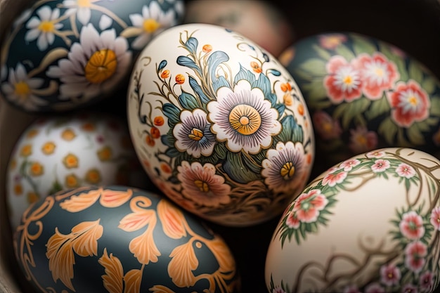 Closeup of painted eggs with floral patterns easter eggs for easter celebration Generative AI Spring concept Easter eggs iridescent color lustrous and pearly