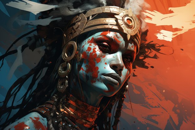 CloseUp of a Painted Tribal Warrior's Face Generative AI