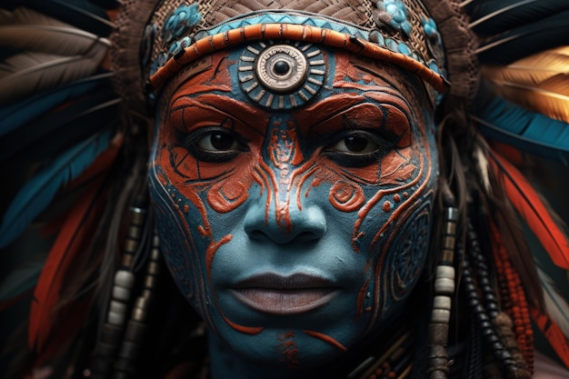 CloseUp of a Painted Tribal Warrior's Face Generative AI