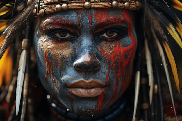 CloseUp of a Painted Tribal Warrior's Face Generative AI