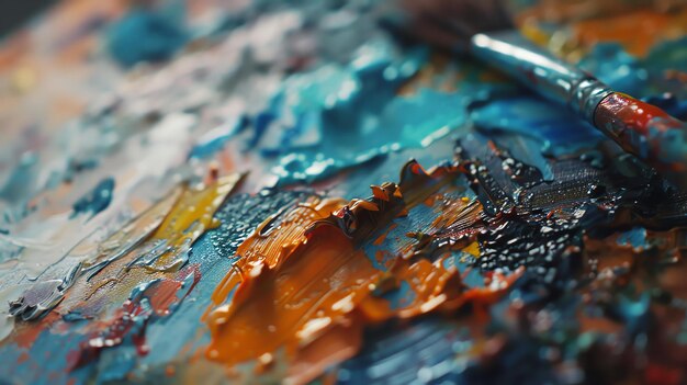 Closeup of a painters palette with vibrant oil paints and a paintbrush