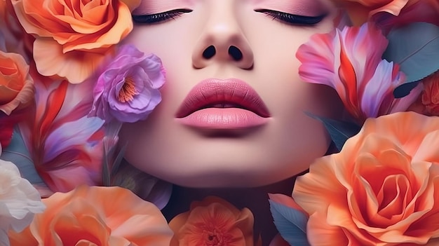 色とりどりの花に囲まれた白人女性の顔のクローズアップ絵画