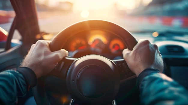 Photo closeup of a pair of hands gripping a steering wheel knuckles white with tension as the driver