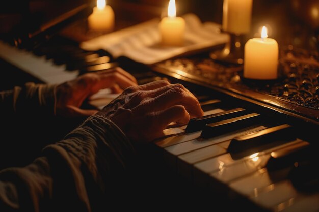 Closeup of a pair of hands playing a grand piano sheet music in the background a candlelit