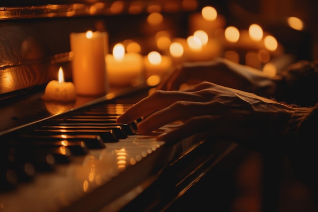 Closeup of a pair of hands playing a grand piano sheet music in the background a candlelit