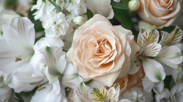 Близкий вид бледно-розовой розы и белых цветов алстромерии