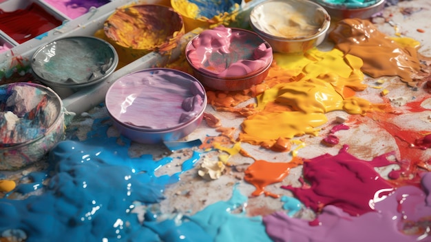 Photo closeup of a palette with watercolors in different colors