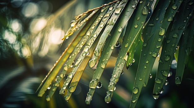 雨の滴が付いたヤシの熱帯植物の葉のクローズアップ 緑の自然の背景 生成AI