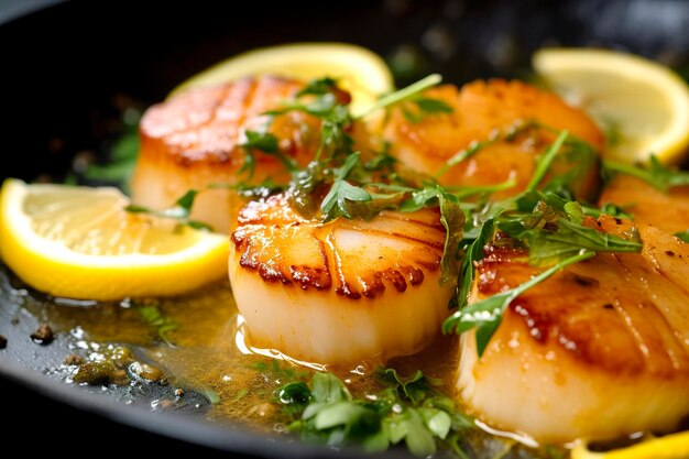 Closeup of pan seared diver scallops with lemon beurre blanc Generative AI