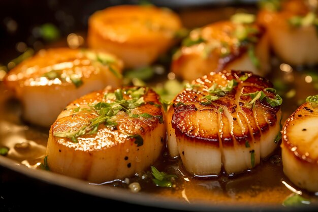 Closeup of pan seared diver scallops with lemon beurre blanc Generative AI