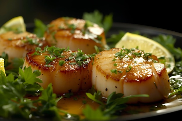 Closeup of pan seared diver scallops with lemon beurre blanc Generative AI