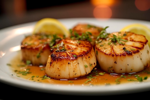 Closeup of pan seared diver scallops with lemon beurre blanc Generative AI