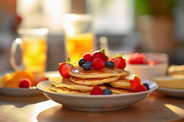 Closeup of pancakes with fresh berries and honey on plate in kitchen