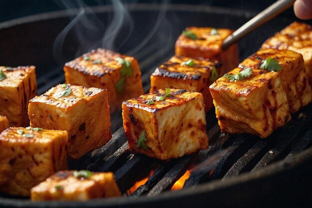 Closeup of paneer tikka cubes being turned on a grill