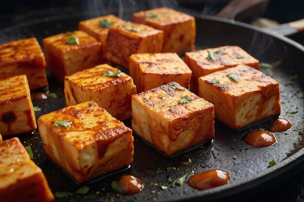 Closeup of paneer tikka cubes cooking on a hot griddle