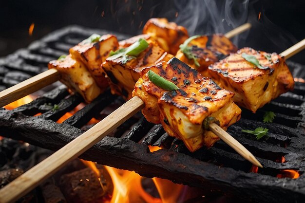 Closeup of paneer tikka skewers cooking over hot coals