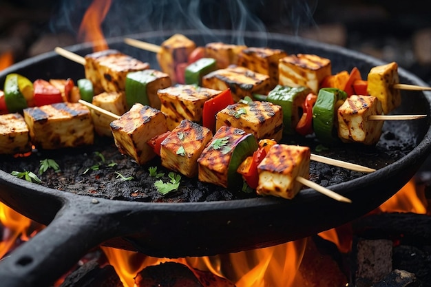 Closeup of paneer tikka skewers cooking over hot coals