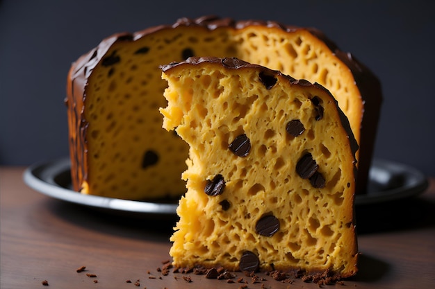 Closeup of panettone filled with generous chocolate drops perfect for celebrating Christmas with indulgence Generated by AI
