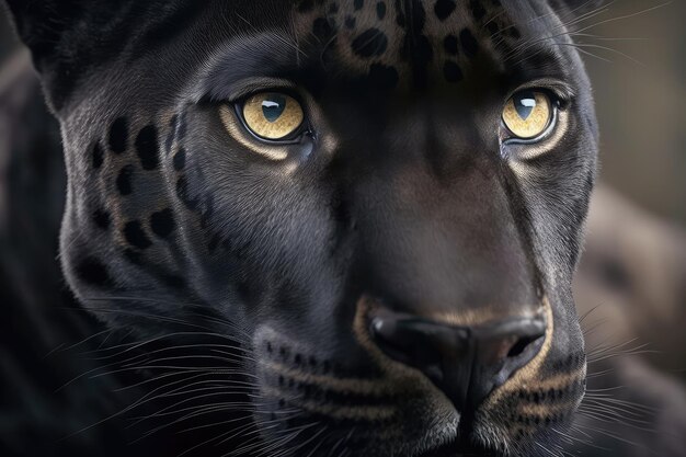 Closeup of panthers face with its piercing black eyes and sleek fur in focus