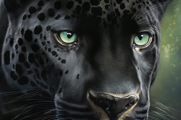 Closeup of panthers face with piercing green eyes