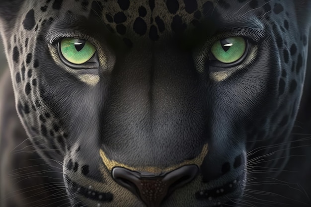 Photo closeup of panthers face with piercing green eyes