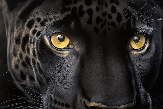 Photo closeup of panthers face with piercing yellow eyes and whiskers