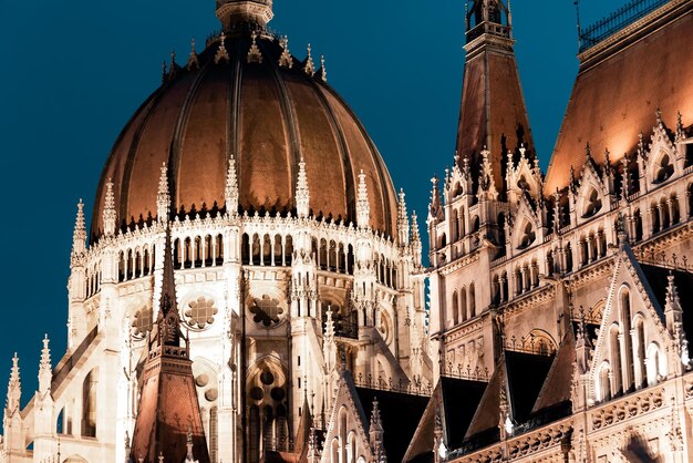 Closeup of parliament building at night Budapest Hungary