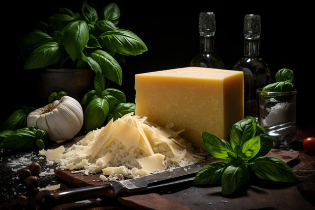 本物のイタリア料理の背景にナイフでカットされているパルメザンチーズのクローズアップ