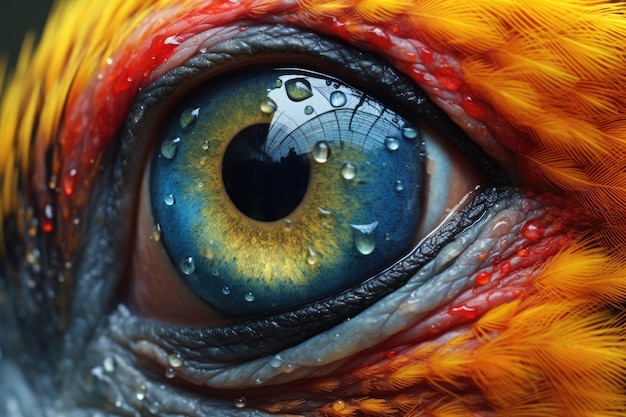 Closeup of parrots eye while preening feathers