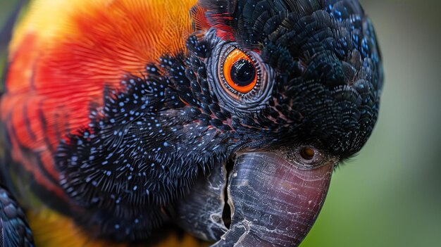 Photo a closeup of a parrots head the parrot has bright orange red and blue feathers its beak is black and its eyes are dark brown