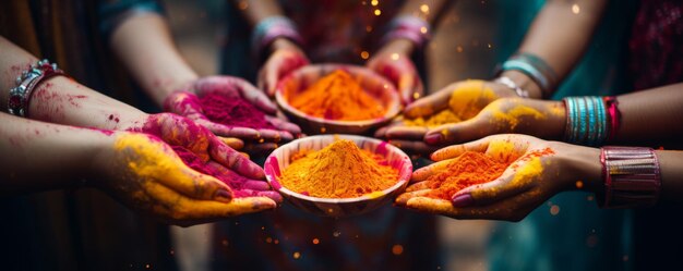 Photo closeup partial view of young people holding colorful powder in hands at holi festival