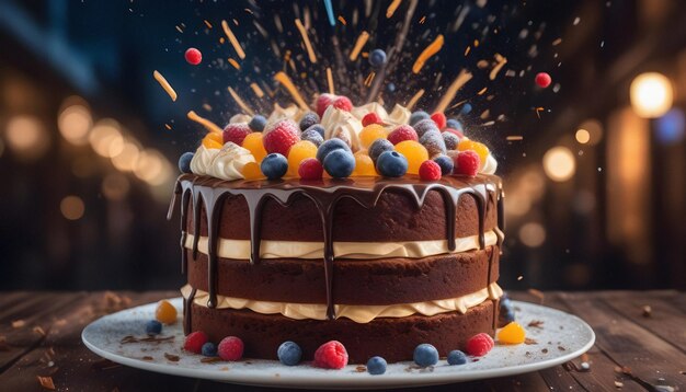 Foto una festa in close-up a strati di torta al cioccolato con frutta e bacche