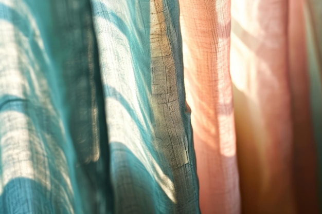 Photo closeup of a pastel colored curtain on sunny light background generative ai