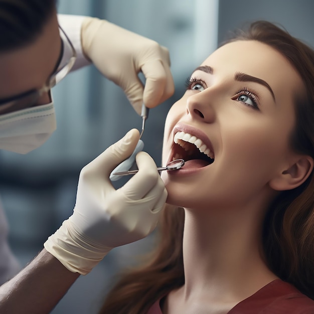 Closeup of patient checked by dentist Dentist checking patient's mouth close up of dentist's hand