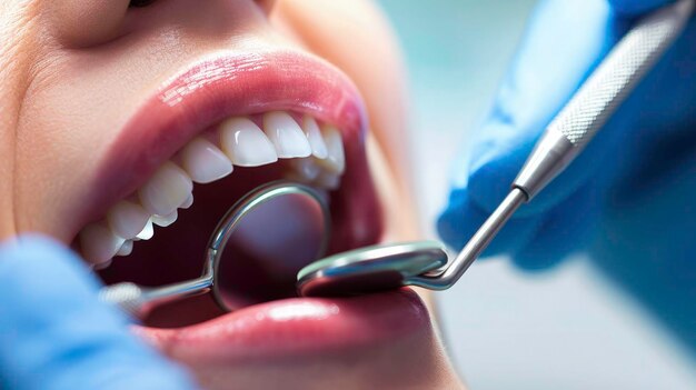 Photo closeup of patients open mouth during oral checkup with mirror
