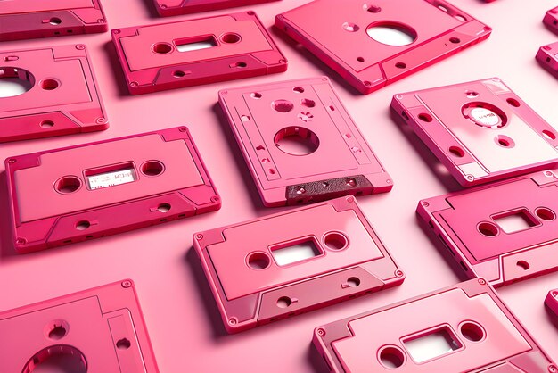 Closeup pattern of pink vintage cassette tapes minimal scene 3d render generate AI