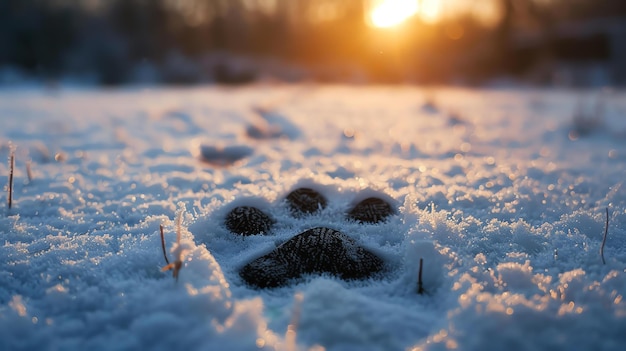 Photo a closeup of a paw print in the snow the sun is setting in the background casting a warm glow over the scene