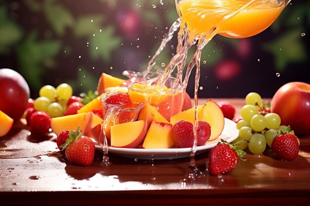 Photo closeup of peach juice being drizzled over a stack of fluffy pancakes