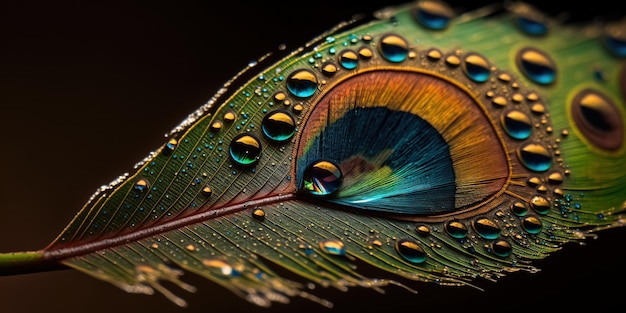 Photo closeup of a peacock feather with water drips