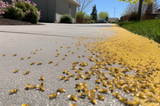 Closeup of pebbled driveway with pollen and dust visible created with generative ai