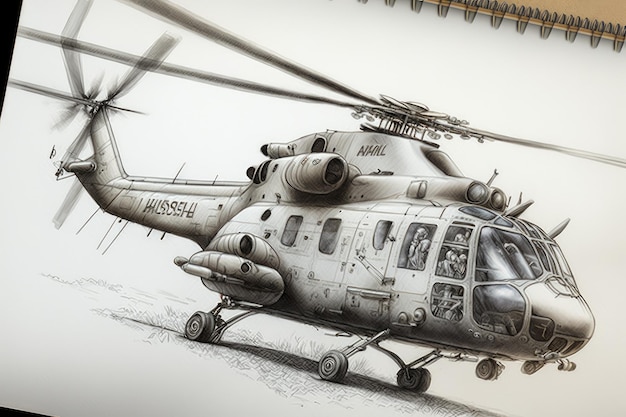Крупный план карандашного наброска вертолета, показывающий детали и особенности, созданные с помощью генеративного ИИ