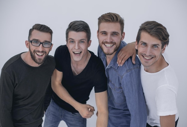 Closeup of people smiling together against white background